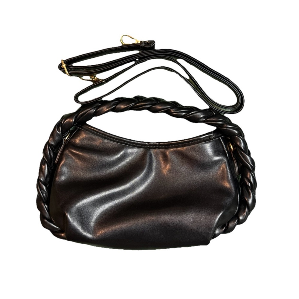 Trendy Black Braided Handle Shoulder Bag Faux Leather Convertible purse